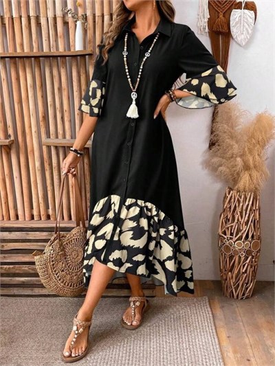 Kadın Kısa Kollu Yakalı önden Düğmeli önden Asimetrik Kesim Detaylı Uzun Aerobin Elbise