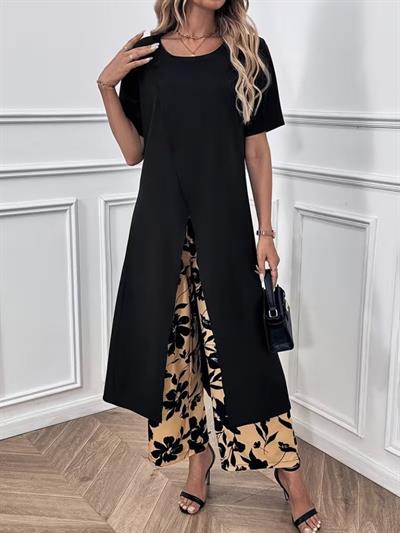 Kadın Kısa Kollu önden çapraz Detaylı Viskon Uzun Bluz Ve Desenli Iki Iplik Pantolon Ikili Takım