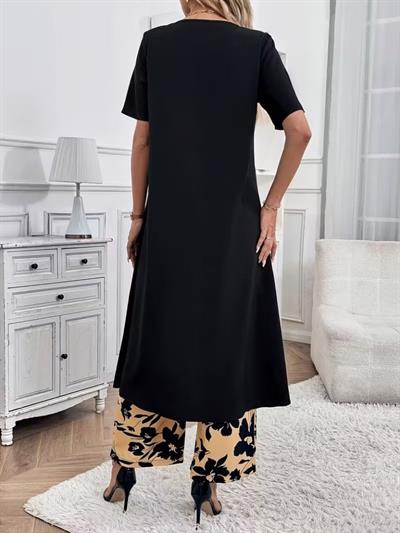 Kadın Kısa Kollu önden çapraz Detaylı Viskon Uzun Bluz Ve Desenli Iki Iplik Pantolon Ikili Takım