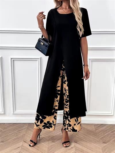 Kadın Kısa Kollu önden çapraz Detaylı Viskon Uzun Bluz Ve Desenli Iki Iplik Pantolon Ikili Takım