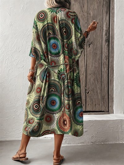 Kadın Kısa Kollu önü Açık Belden Kuşaklı Uzun Kimono