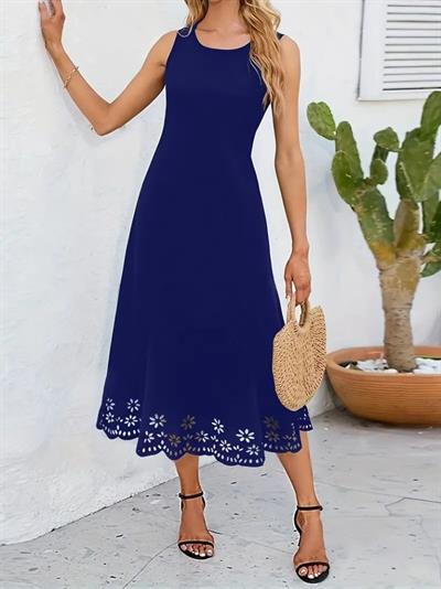 Kadın Kolsuz Etek Ucu Lazer Kesim çiçek Desenli Midi Boy Ithal Krep Elbise