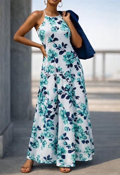 Kadın Omuzlardan Açık Ip Askılı Desenli Uzun Süprem Elbise