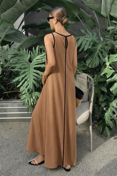 Kadın Omuzlardan Açık Yaka Ince şerit Detaylı Uzun Viskon Elbise