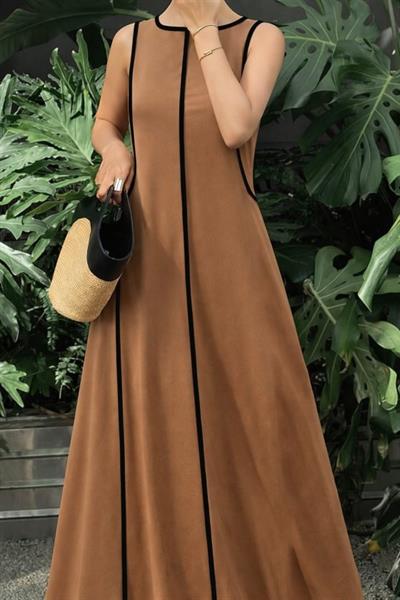 Kadın Omuzlardan Açık Yaka Ince şerit Detaylı Uzun Viskon Elbise