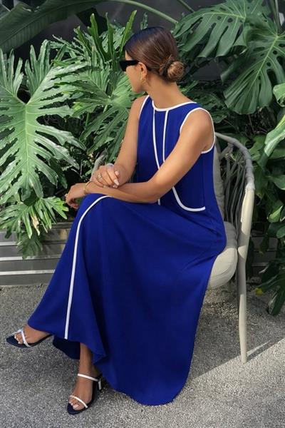 Kadın Omuzlardan Açık Yaka Ince şerit Detaylı Uzun Viskon Elbise