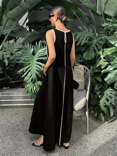 Kadın Omuzlardan Açık Yaka Ince şerit Detaylı Uzun Viskon Elbise