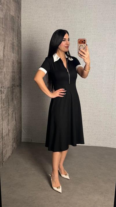 Kadın Polo Yaka Fermuar Detaylı Modal Midi Elbise