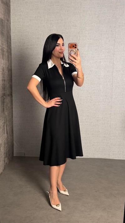 Kadın Polo Yaka Fermuar Detaylı Modal Midi Elbise