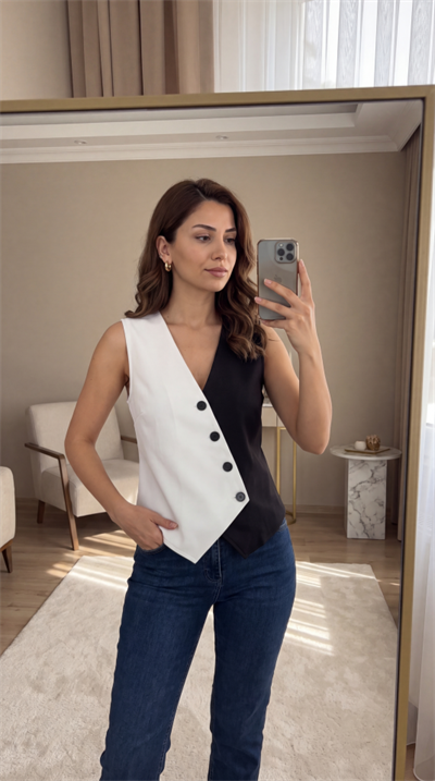 Kadın Sıfır Kol V Yakalı Düğmeli Blok Renkli Atlas Yelek