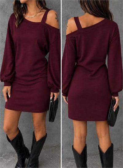 Kadın Tek Omuzdan Açık Askılı Uzun Kollu Kısa Viskon Iki Iplik Elbıse