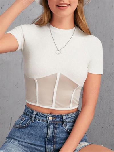Kadın Transparan Detay Kısa Kol Kaşkorse Bluz