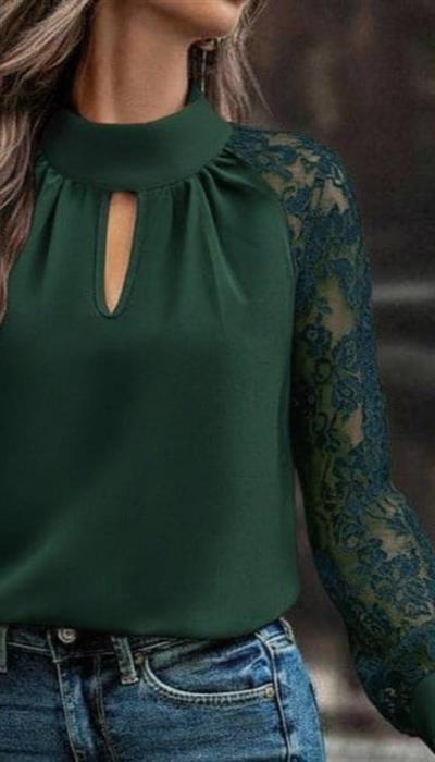 Kadın Uzun Kollu Göğüs Pencere Detay Yaka Boğazlı Kolları Tüllü Sandy Bluz