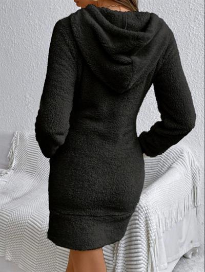 Kadın Uzun Kollu Kapşonlu Cepli Mini Peluş Elbise