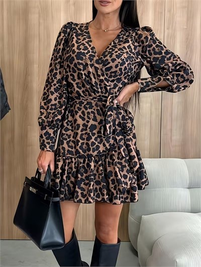 Kadın Uzun Kollu Kruvaze Yakalı Belden Bağcıklı Kısa Leopar Desenli Modal Elbise