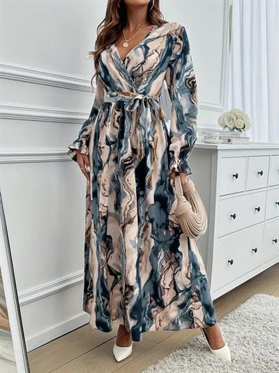 Kadın Uzun Kollu Kruvaze Yakalı Beli Kuşaklı Desenli Süprem Maxi Elbise