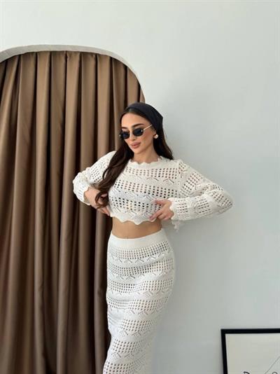 Kadın Uzun Kollu Kuş Gözü Transparan Detay Triko Bluz Ve Maxi Boy Etek Ikili Takım