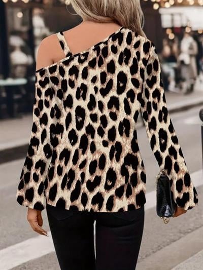 Kadın Uzun Kollu Tek Omuzu Açık Tokalı Leopar Desenli Modal Bluz