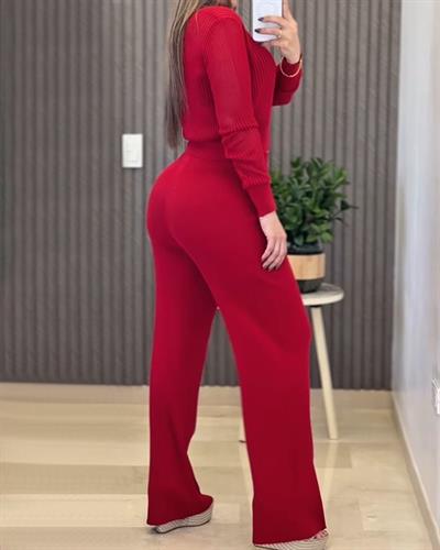 Kadın Uzun Kollu Yuvarlak Yaka Transparan Detaylı Triko Bluz Ve Pantolon Ikili Takım
