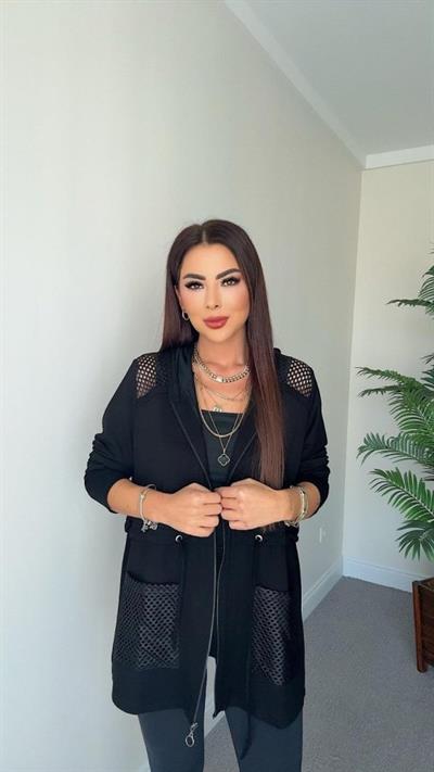 Kadın Uzun Kollu önü Fermuarlı File Detaylı Belden Bağcıklı Kısa Modal Ceket