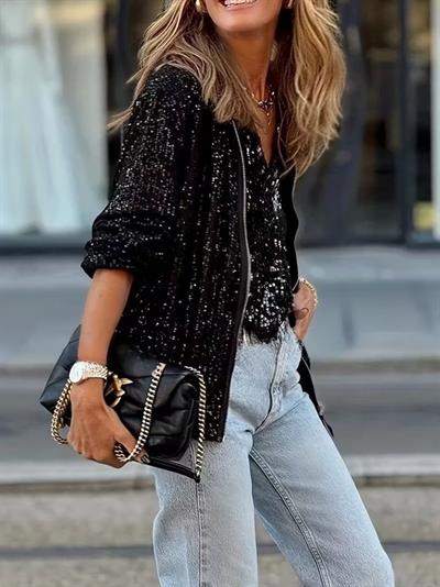 Kadın Uzun Kollu önü Fermuarlı Kısa Pulpayet Ceket