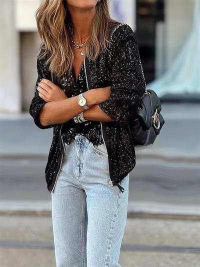 Kadın Uzun Kollu önü Fermuarlı Kısa Pulpayet Ceket