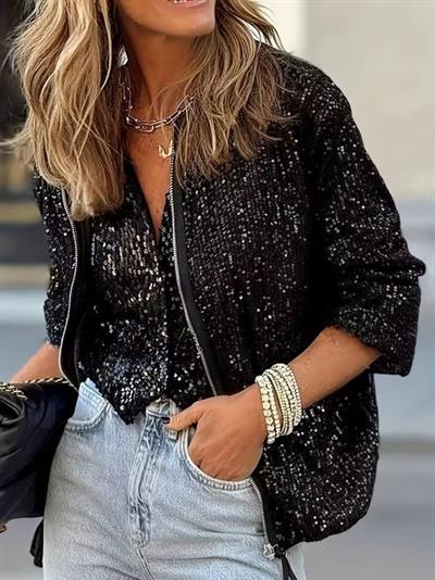 Kadın Uzun Kollu önü Fermuarlı Kısa Pulpayet Ceket