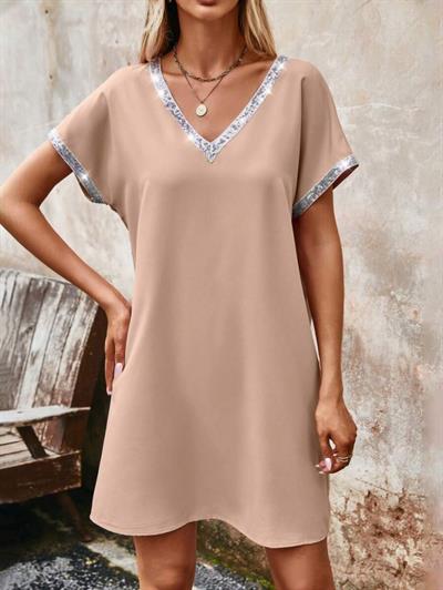 Kadın Yaka Ve Kol Pul Payet şeritli Ithal Krep Elbise