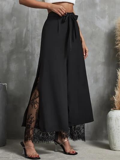 Kadın Yüksek Bel Belden Kuşaklı üst Dalgıç Alt Dantel Detaylı Dalgıç Pantolon