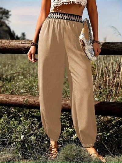 Kadın Yüksek Bel Beli Lastikli Dökümlü Ve Beli şeritli Pera Pantolon