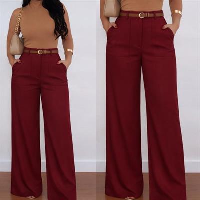 Kadın Yüksek Bel Geniş Paça Detaylı Cepli Ithal Krep Pantolon