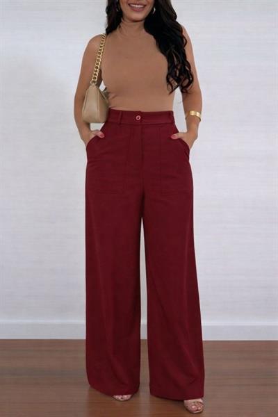 Kadın Yüksek Bel Geniş Paça Detaylı Cepli Ithal Krep Pantolon