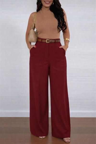 Kadın Yüksek Bel Geniş Paça Detaylı Cepli Ithal Krep Pantolon