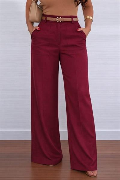 Kadın Yüksek Bel Geniş Paça Detaylı Cepli Ithal Krep Pantolon