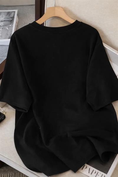 Kadınlar Için Siyah Kedi Grafik Tişört - Oversize Kısa Kollu Üst Nefes Alabilir - Siyah