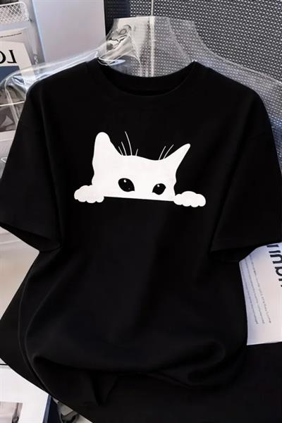 Kadınlar Için Siyah Kedi Grafik Tişört - Oversize Kısa Kollu Üst Nefes Alabilir - Siyah