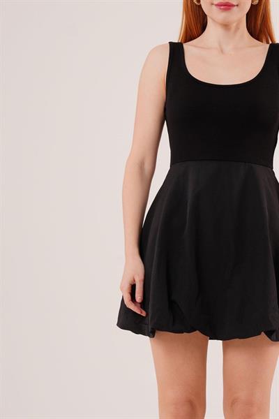 Kalın Askılı Balon Etek Siyah Mini Elbise