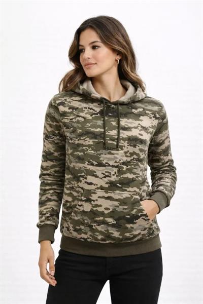 Kamuflaj Desenli 2 İplik 4 Mevsim Kapüşonlu Kanguru Cepli Hoodie Sweatshirt - Kamuflaj