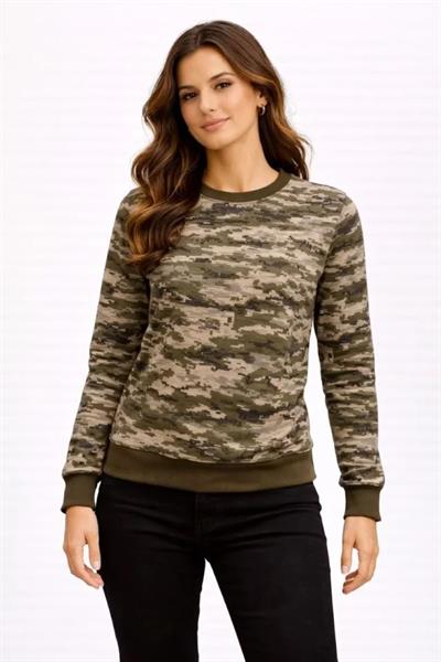 Kamuflaj Desenli 2 İplik 4 Mevsim Uzun Kollu Bisiklet Yaka Sweatshirt - Kamuflaj