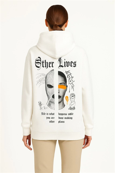 Kapşonlu Sweatshirt – Oversize Üç İplik Şardonlu Hoodie, “Other Lives” Ön - Arka Baskılı, Kanguru Cepli, Kışlık Rahat Günlük Stil - Beyaz