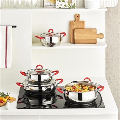 Karaca Oyster İndüksiyon Tabanlı Silikon Kulplu 8 Parça Çelik Tencere Seti Kırmızı