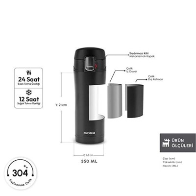 Karaca Pluton Çelik Sızdırmaz Termos Siyah 350 Ml