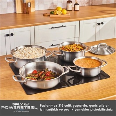 Karaca Power Steel 316+ 3Ply Spirit İndüksiyon Tabanlı 8 Parça Çelik Tencere Seti