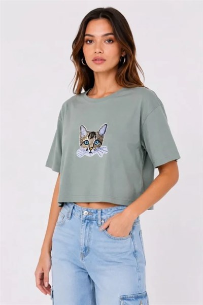 Kedi Baskılı Oversize Crop Tişört Salaş Basic Yarım Kol T-shirt - Mint Yeşili