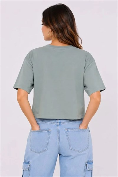 Kedi Baskılı Oversize Crop Tişört Salaş Basic Yarım Kol T-shirt - Mint Yeşili