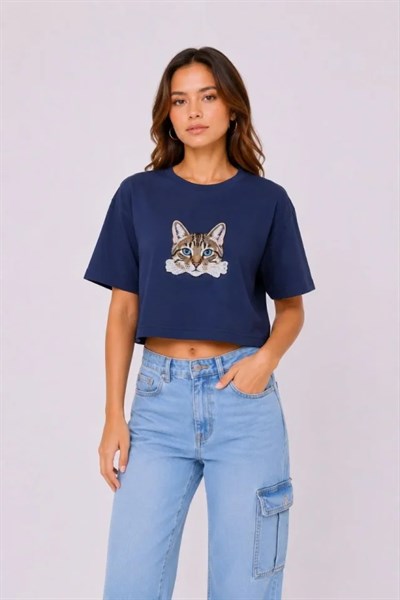 Kedi Baskılı Oversize Crop Tişört Salaş Basic Yarım Kol T-shirt - Lacivert