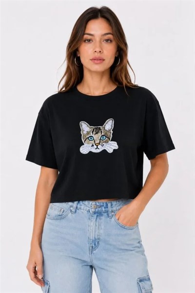 Kedi Baskılı Oversize Crop Tişört Salaş Basic Yarım Kol T-shirt - Siyah
