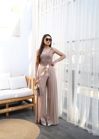 Keten Önü Çapraz Parçali Lasti̇kli̇ Ve Bağcikli Geni̇ş Paça Pantolon