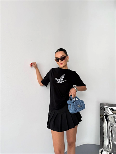 Kısa Kol Baskılı T-shirt - Siyah
