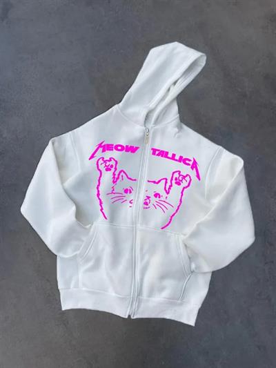 Kışlık Baskılı Fermuarlı Kapüşonlu Hırka - Beyaz